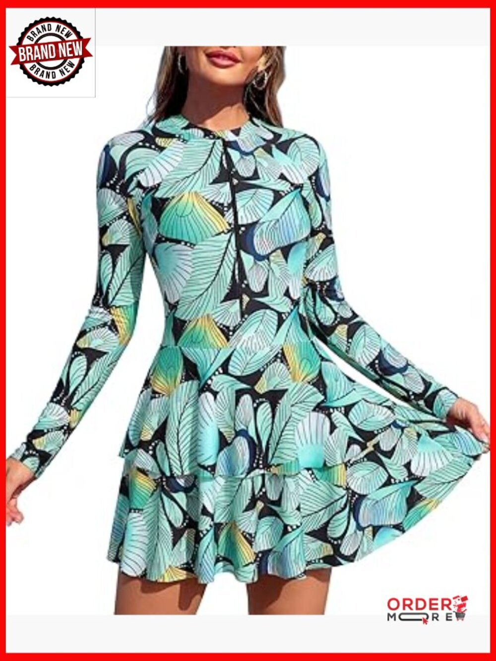 One Piece Rash Guard Long Sleeve Modest Swimsuit with Zipper and Swim Skirt